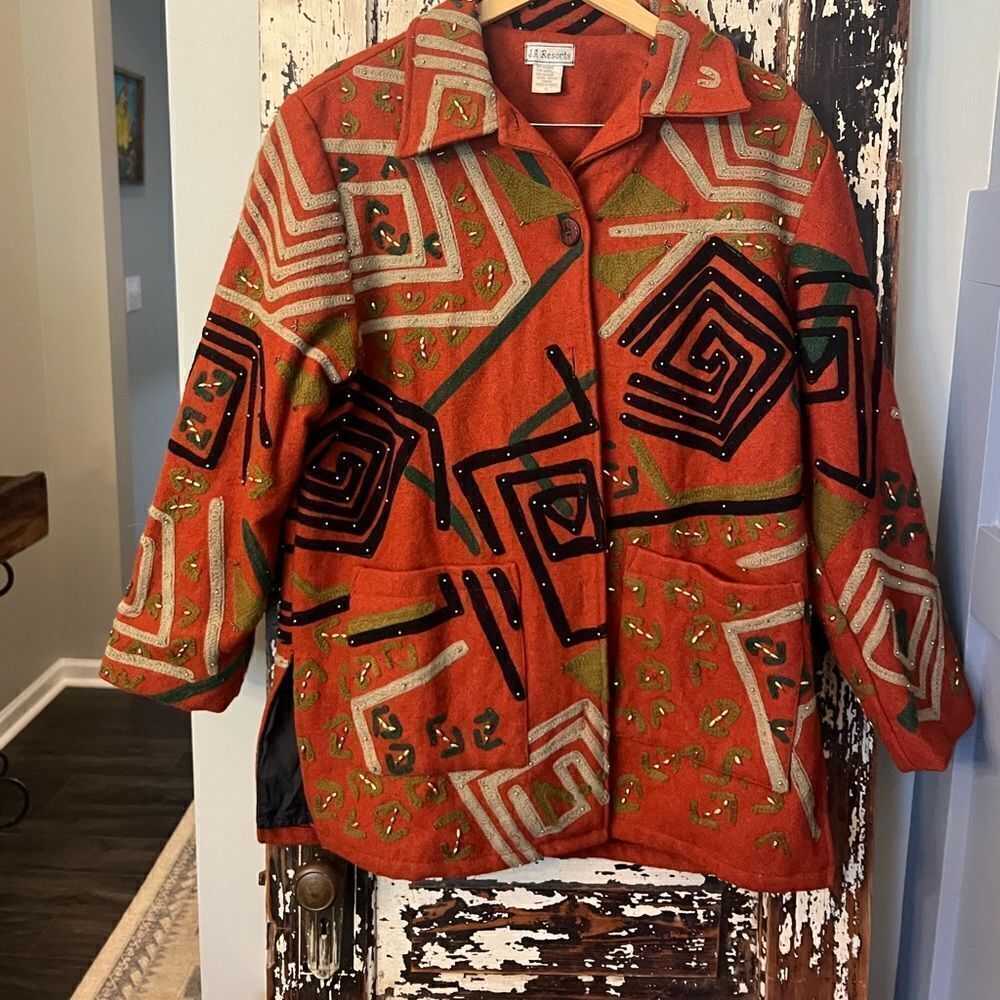 Artsy vintage J A Resorts Embroidered Beaded BOHO‎ Coat Jacket Wool Blend medium